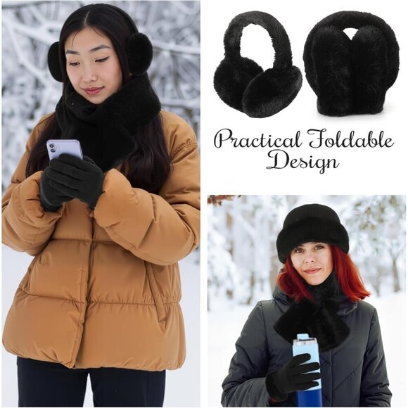 Winter Warm Women Hat Gloves Scarf Set Faux Fur Earmuffs Socks Outdoor